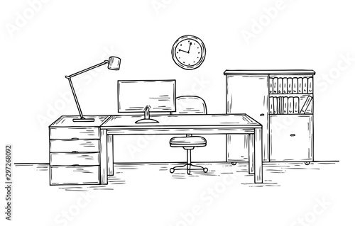 Hand drawn office. Sketch desk with chair computer and lamp. Home officer room interior vector background. Office workspace, illustration of monitor and indoor room sketch
