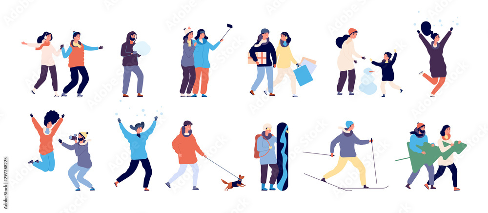 People in winter. Men and women skiing, skating and child making snowman, guy walking dog. Winter activities vector characters set. Illustration winter boy and girl rest christmas season - obrazy, fototapety, plakaty 