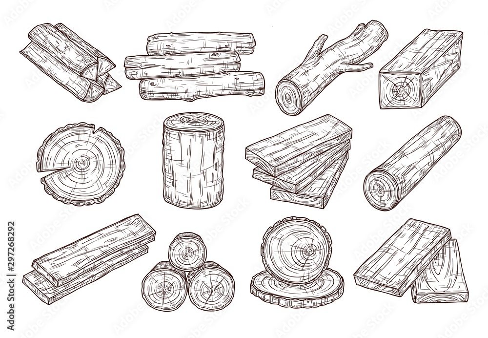 Hand drawn lumber. Sketch wood logs, trunk and planks. Stacked tree branches, forestry construction material vintage vector set. Illustration trunk and timber log, firewood and hardwood - obrazy, fototapety, plakaty 