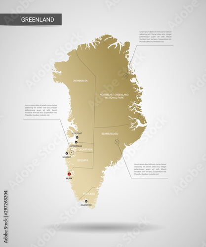 Stylized vector Greenland map.  Infographic 3d gold map illustration with cities, borders, capital, administrative divisions and pointer marks, shadow; gradient background.