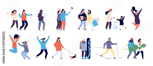 People in winter. Men and women skiing, skating and child making snowman, guy walking dog. Winter activities vector characters set. Illustration winter boy and girl rest christmas season