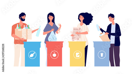 People sorting trash. Recyclable garbage in different containers. Recycling eco vector concept. Recycle garbage and trash, plastic segregation illustration