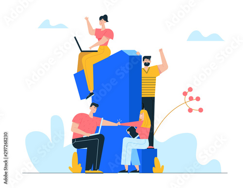 Business Team Project Success. Group of People with Gadgets Stand at Huge Number One Celebrate Victory Winners Prize and Award. Teamworking and Company Growth Concept. Cartoon Flat Vector Illustration
