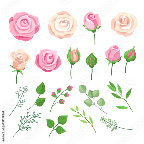Rose elements. Pink and white roses flowers with green leaves and buds. Watercolor floral romantic wedding decor. Isolated vector set. Illustration blooming rose blossom, wedding watercolor twig