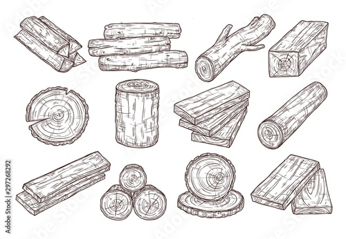 Hand drawn lumber. Sketch wood logs, trunk and planks. Stacked tree branches, forestry construction material vintage vector set. Illustration trunk and timber log, firewood and hardwood
