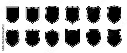 Police badge shape. Vector military shield silhouettes. Security, football patches isolated on white background. Illustration shield shape protection, black security and football badge photo