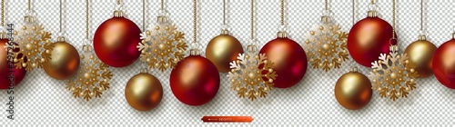 Christmas and New Year seamless border. Golden snowflakes, red and gold realistic Christmas balls hanging on chains. Decorative vector ornament for festive design isolated on transparent background