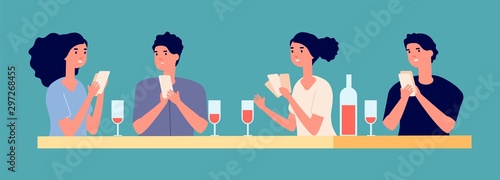 Board games concept. Poker tournament with friends vector illustration. Young girls and boys playing cards and drinking wine. Board game entertainment, play card and leisure