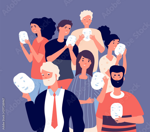 People covering faces with masks. Group of persons hide negative face emotion behind positive mask, fake individuality vector concept. Illustration hypocrisy anonymous, hiding sincerity and illusion photo