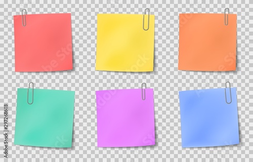 Note sticky. Color paper notes attached by metallic paper clips, information noticeboard, important memo message realistic vector set. Illustration paper note blank, colored sticky office paper