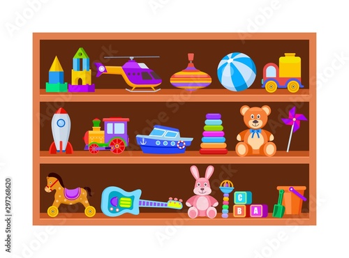 Kid toys on shelves. Children toy on wooden shop shelf in playroom. Cartoon ball and train, whirligig and guitar vintage vector set. Illustration shelf with toys for children, rattle and block