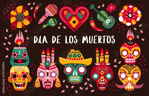 Day of dead poster. Decorative skulls, guitar and candles and hot pepper, heart and flowers. Mexican dia de los muertos vector background. Mexican pepper and skull, festival traditional illustration