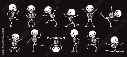 Dancing skeletons. Cute halloween skeleton dancers, funny horror characters vector isolated set. Illustration skeleton halloween party, character human bone