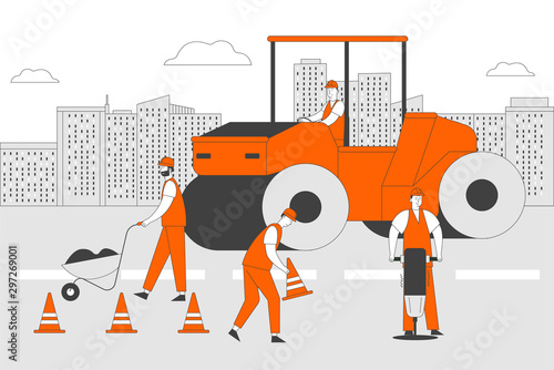Roadwork and Asphalt Paving. Men in Overall with Heavy Asphalting Machinery. Special Transport, Pavement Compactor. Construction Industry, Building Business Cartoon Flat Vector Illustration, Line Art
