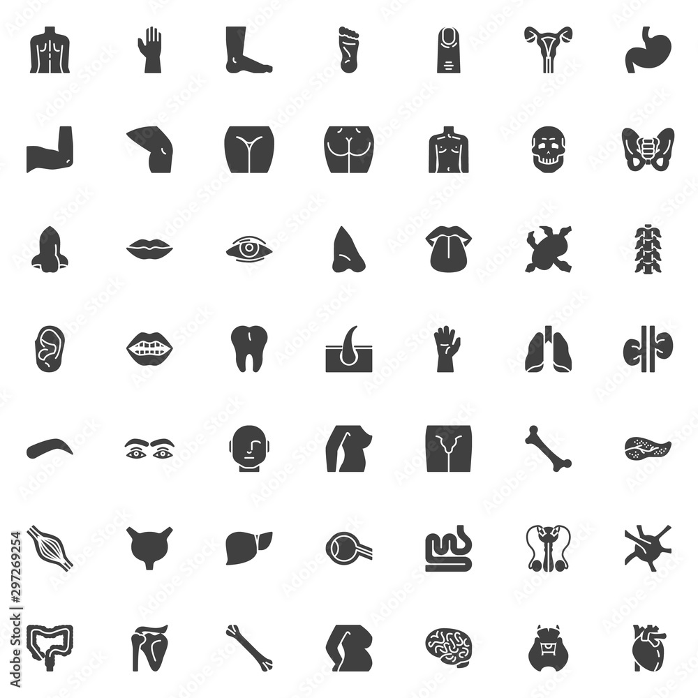 Human body parts vector icons set, modern solid symbol collection, filled style pictogram pack. Signs, logo illustration. Set includes icons as human internal organs, heart, brain, blood, backbone Human body parts vector icons set, modern solid symbol collection, filled style pictogram pack. Signs, logo illustration. Set includes icons as human internal organs, heart, brain, blood, backbone