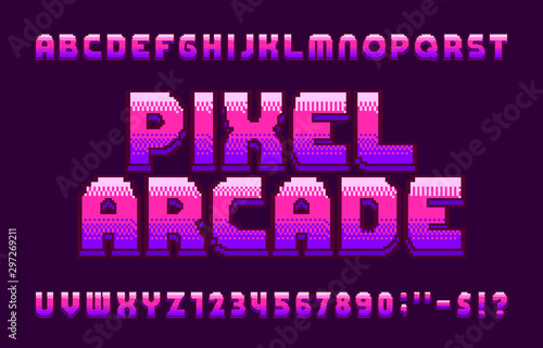 Pixel Arcade alphabet font. 3D pixel letters and numbers in pink. 80s arcade video game typescript.
