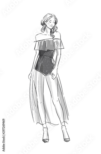 Fashion vector illustration of a young girl in a transparent dress.