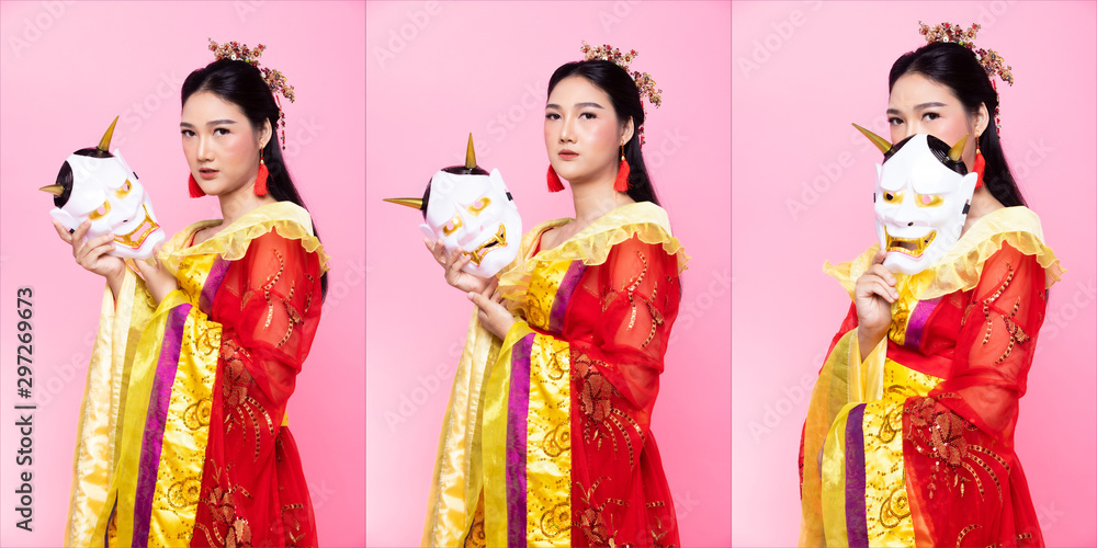 Obraz premium Red Gold lace of Chinese Traditional Costume Opera or South East Asia Reddish Dress in Asian Woman with decoration portrait in many poses under Studio lighting Pink background, collage group pack