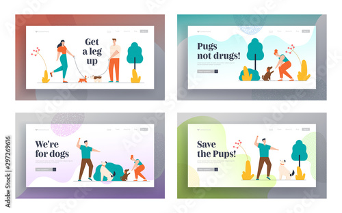 Owners Spending Time with Pets Outdoors Website Landing Page Set. Characters Walking and Training Dogs in Public City Park. Care of Animals Web Page Banner. Cartoon Flat Vector Illustration, Line Art
