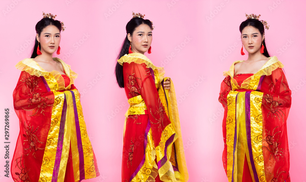Red Gold lace of Chinese Traditional Costume Opera or South East Asia Reddish Dress in Asian Woman with decoration portrait in many poses under Studio lighting Pink background, collage group pack