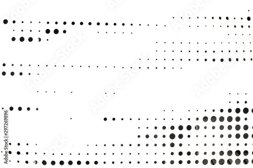 Abstract background with circles of different diameters. White metal texture with black holes randomly located. Porous black and white dots pattern