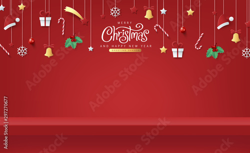 Winter christmas composition in paper cut style and red shelf on the wall for display. Merry Christmas text Calligraphic Lettering Vector illustration.