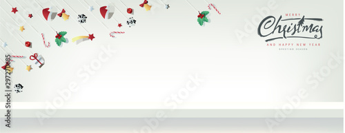 Winter christmas composition in paper cut style and red shelf on the wall for display. Merry Christmas text Calligraphic Lettering Vector illustration.