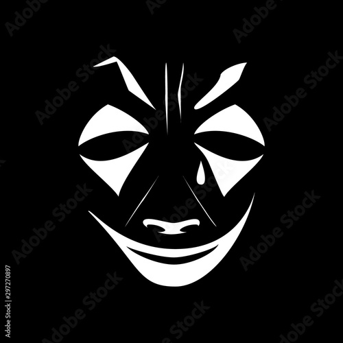 White joker makeup on a black background. Banner of an evil clown with a tear. Vector illustration of a joker face. The stage character of the actor of cinema, theater, circus.