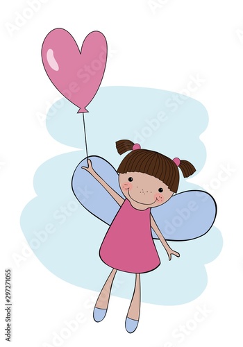 Cute smiling fairy or winged girl flying with a heart-shaped balloon
