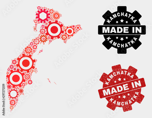 Mosaic technical Kamchatka map and grunge stamp. Vector geographic abstraction in red colors. Mosaic of Kamchatka map combined of scattered wheel elements. Red colored model for technical,