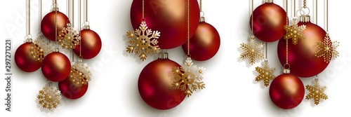 Christmas and New Years red Christmas balls and decorative snowflakes hang on golden chains. Group of decorations for festive design isolated on transparent background. Long chains in vector file