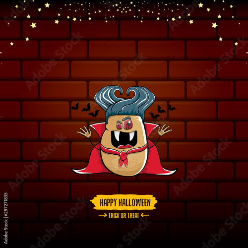 vector funny cartoon cute dracula potato with fangs and red cape isolated on brick wall background. My name is dracula potato vector concept halloween background. vampire monster funky character