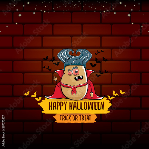 vector funny cartoon cute dracula potato with fangs and red cape isolated on brick wall background. My name is dracula potato vector concept halloween background. vampire monster funky character