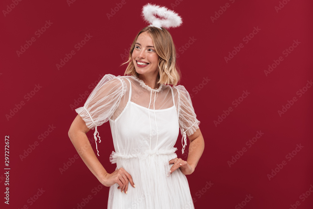 Cheery woman angel in carnival costume isolated Cheery woman angel in carnival costume isolated
