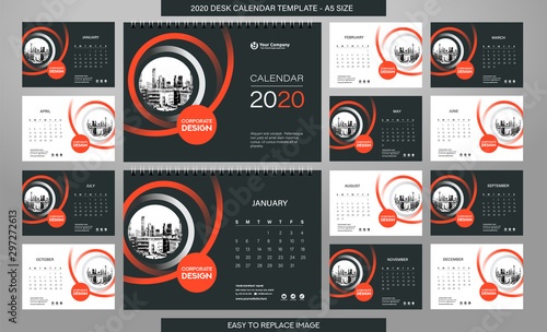 Desk Calendar 2020 template - 12 months included - A5 Size