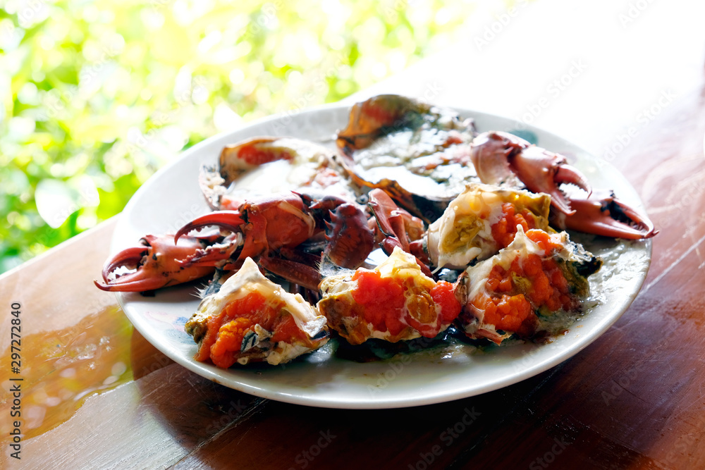 Steamed sea crab on a wooden table