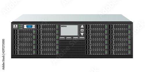 The carrier-class server, size 3u, with twenty-three 2.5-inch hard drives for mounting in a 19-inch rack. Vector illustration.