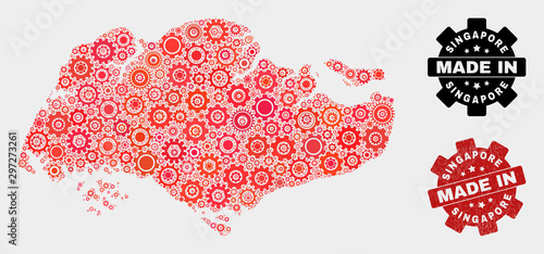 Mosaic gear Singapore map and grunge seal. Vector geographic abstraction in red colors. Mosaic of Singapore map combined of scattered gear elements. Red colored model for industrial,