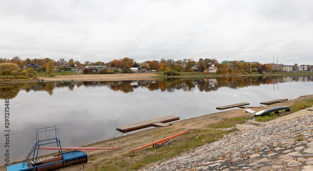 Banks of the Velikaya river. Sports base rowers. Pskov, Russia