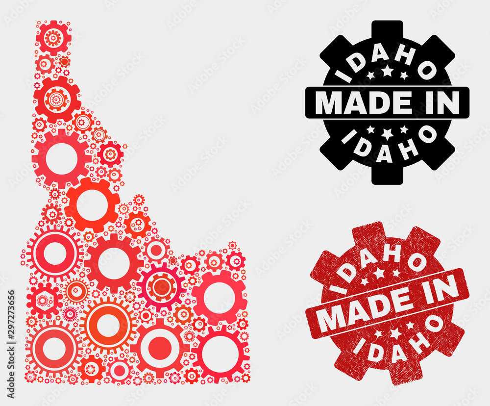 Mosaic technical Idaho State map and grunge stamp. Vector geographic abstraction in red colors. Mosaic of Idaho State map combined of random cogwheel items. Red colored model for technical,