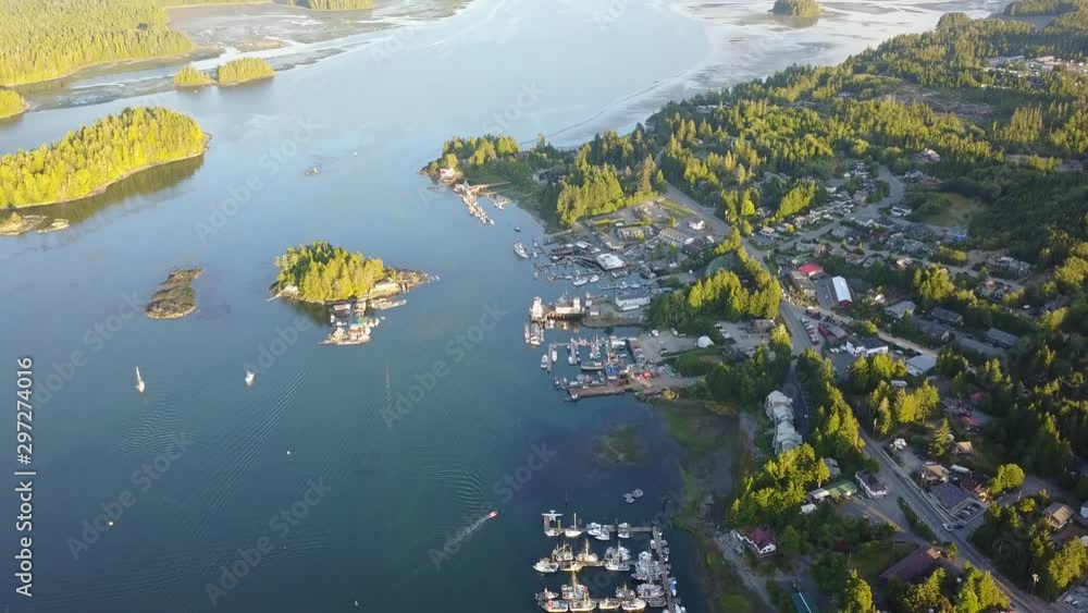 Aerial shot over the stunning landscape and town of Tofino on Vancouver island. Aerial shot over the stunning landscape and town of Tofino on Vancouver island.