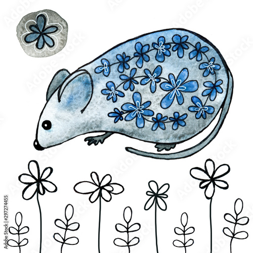 Watercolor illustration with a mouse  a rat  decorated with flowers and twigs. Elegant cartoon animal in anticipation of the holiday. Hand drawing with the symbol of the New Year 2020.