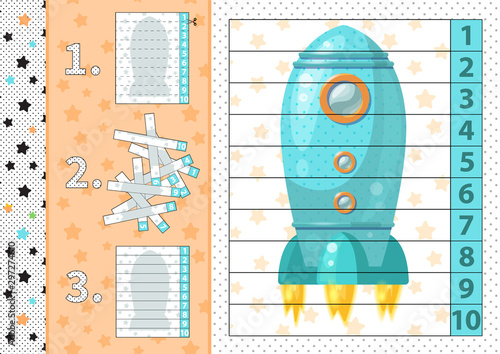 Counting number puzzle with cartoon rocket. From 1 to 10. Cut and assemble.