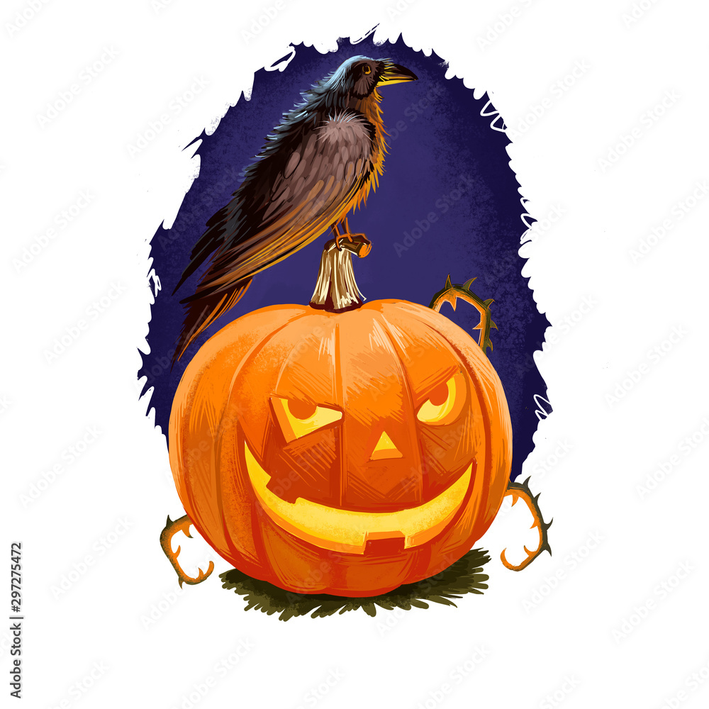 Happy Halloween greeting card with scary smiling pumpkin jack-o-lantern and  black crow horror bird isolated on dark blue sky. Digital art illustration  with pumpkin, candle inside and bird animal. Stock Illustration |