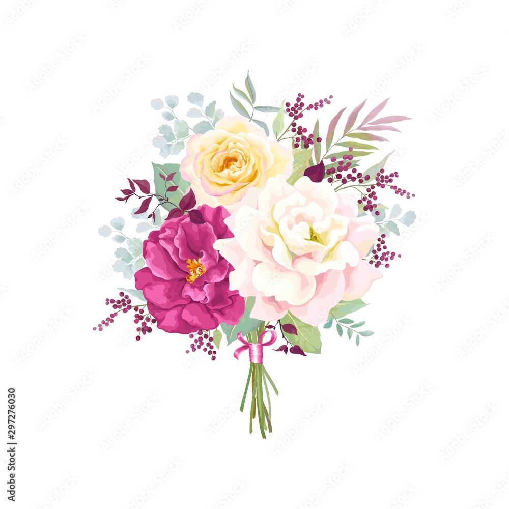 Flowers bouquet with roses pink, purple and yellow colors, leaves and branches. Vector floral decor with text love you on white background.