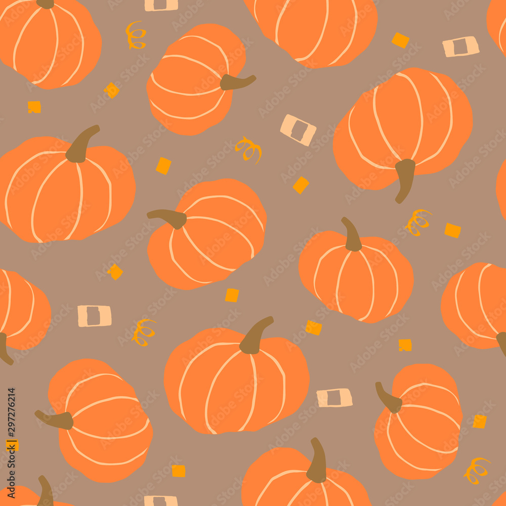 Hand drawn pumpkin seamless pattern. Cartoon seasonal vegetable with abstract shapes.