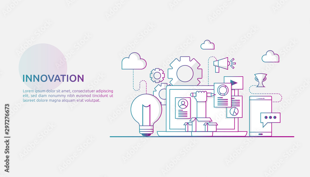 brainstorming innovation idea process and creative thinking concept with light bulb lamp for start up business project. illustration for web landing page, banner, presentation, social media, print