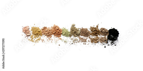 Fotografie Collection of crumbled eyeshadows in natural nude colors close-up, cosmetic pigments palette