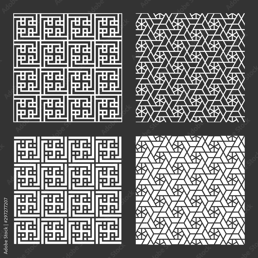 Set geometric asian abstract seamless vector pattern including traditional korean or chinese motive with typical lines and elements