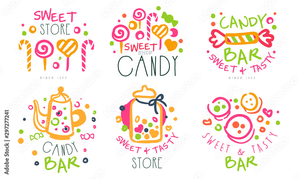Sweet Store Logo Templates Set, Candy Shop Bright Hand Drawn Badges Vector Illustration